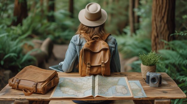 Photo female travelogue with map and laptop on table