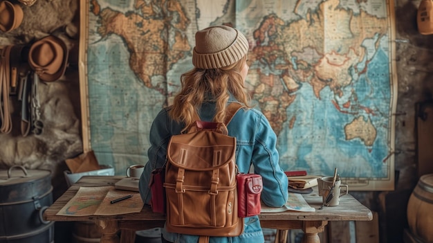 Foto un diario di viaggio femminile con una mappa e un portatile sul tavolo