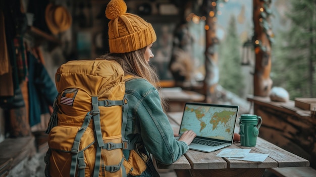 Female travelogue with map and laptop on table