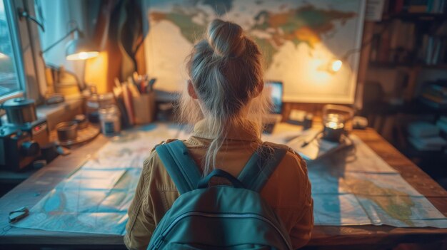 Female travelogue with map and laptop on table