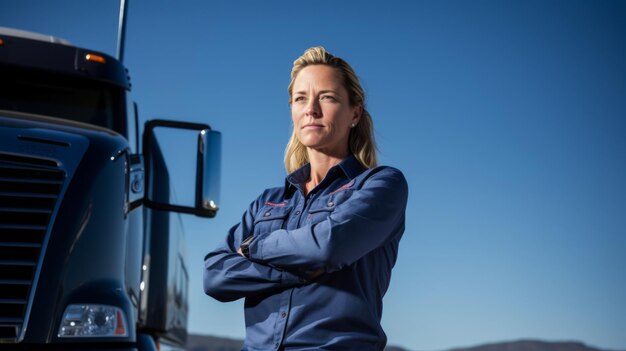 Female trucker radiates confidence semitruck behind her