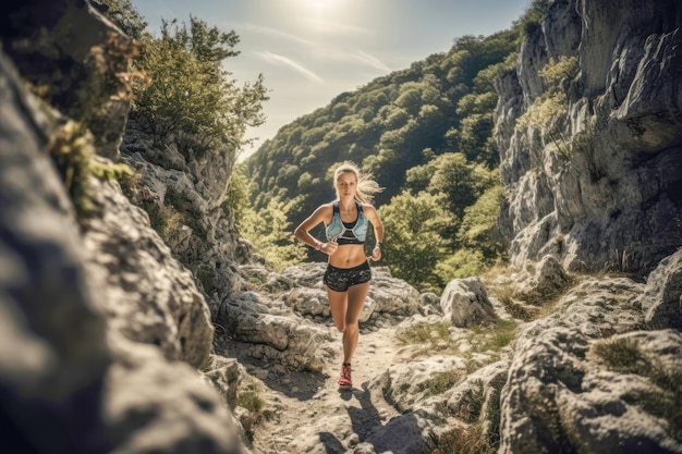 決意を持って岩場を制覇する女子ウルトラマラソンランナー