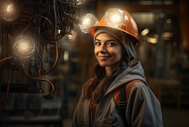 Photo female utility worker holds equipment hat while smiling in the style of circuitry
