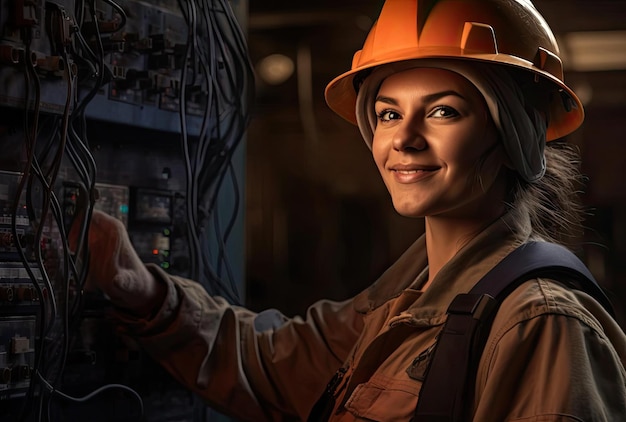 female utility worker holds equipment hat while smiling in the style of circuitry