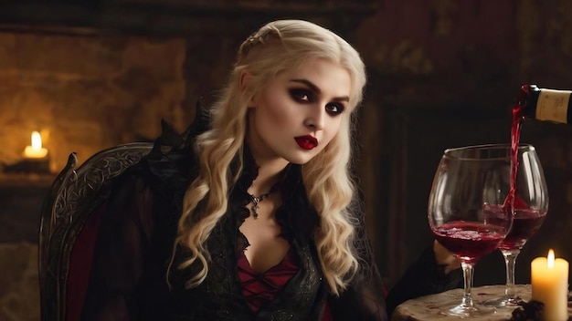 Photo female vampire drinking blood from wineglass beautiful blonde witch enjoying poition in halloween