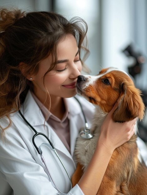 Женская ветеринар с собакой и стетоскопом на шее