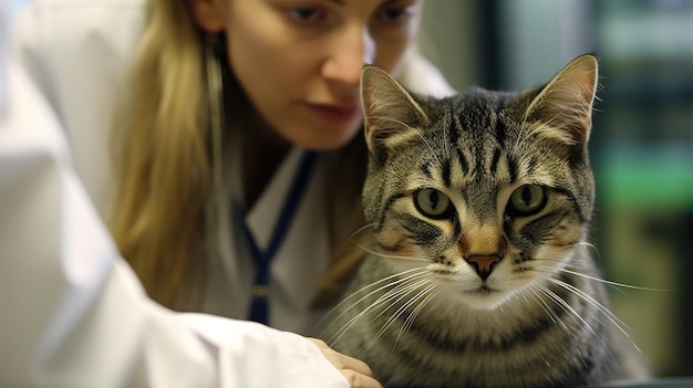 Female veterinarian examining cat