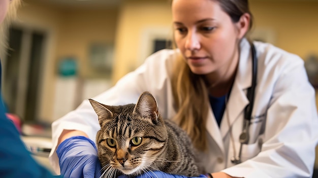 Female veterinarian examining cat