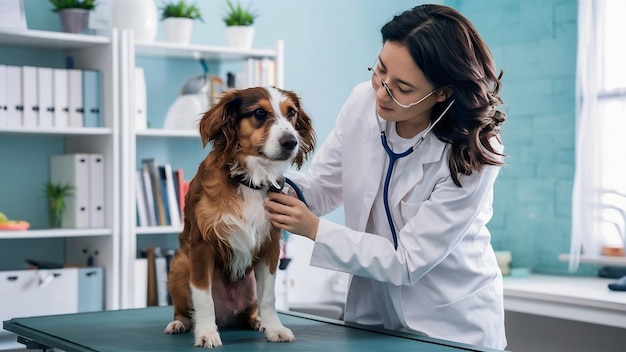 Ветеринарная женщина осматривает собаку с помощью стетоскопа на столе в клинике