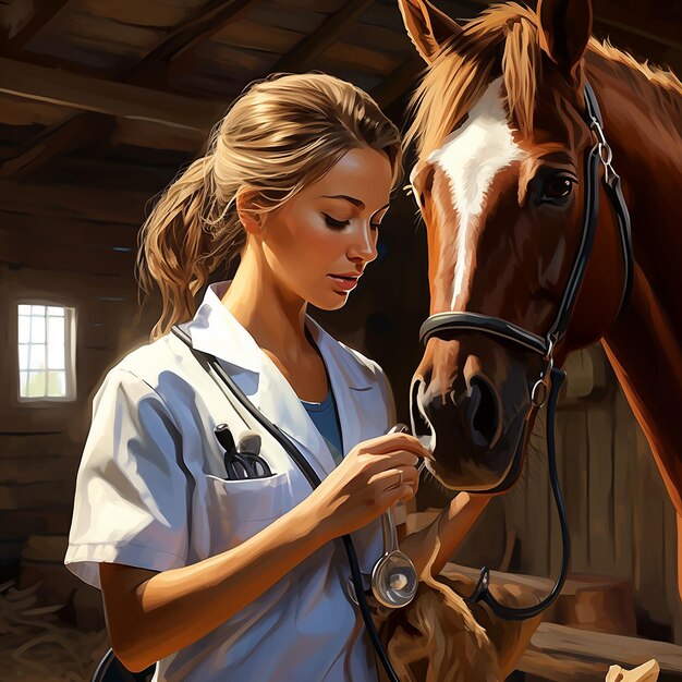 Photo female veterinarian examining horse