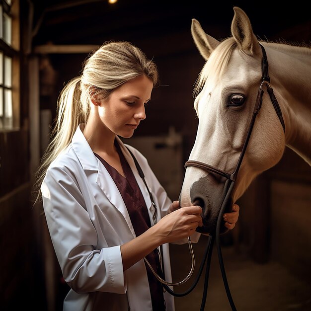 Photo female veterinarian examining horse