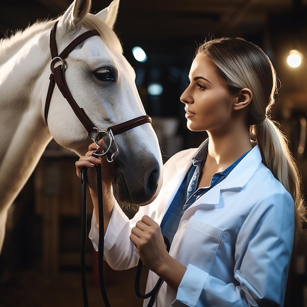 Photo female veterinarian examining horse