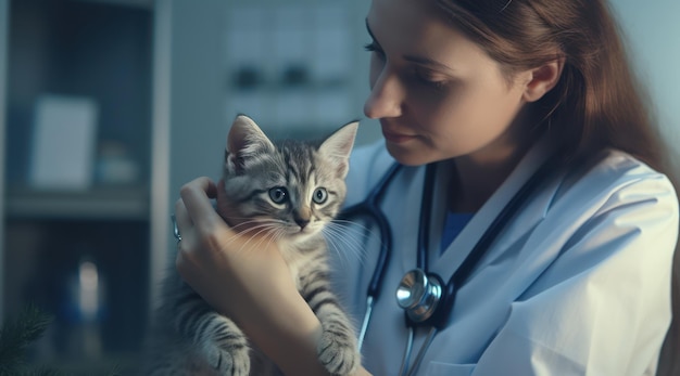 A female veterinarian holding a cat in her arms.