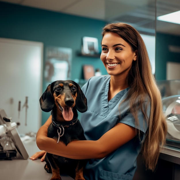 Photo female veterinarian holding dog