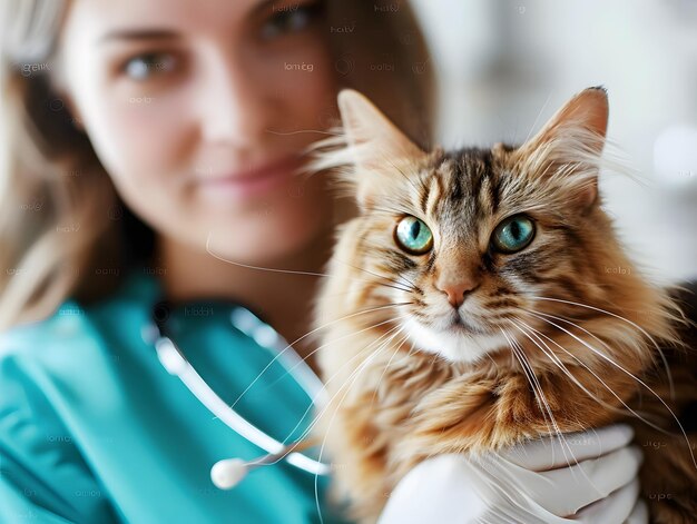 Female veterinarian holds sick cat closeup Diagnostics of pets health clinic concept