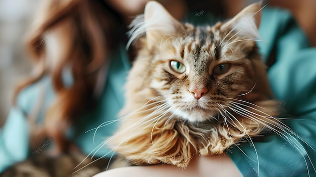 Female veterinarian holds sick cat closeup Diagnostics of pets health clinic concept