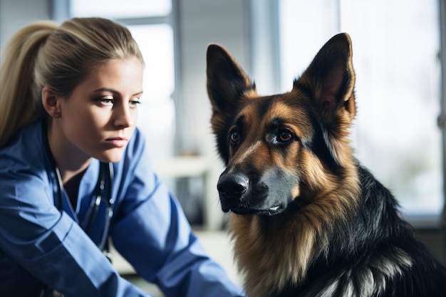 A female veterinarian is conducting a thorough examination of a german shepherd in her clinic