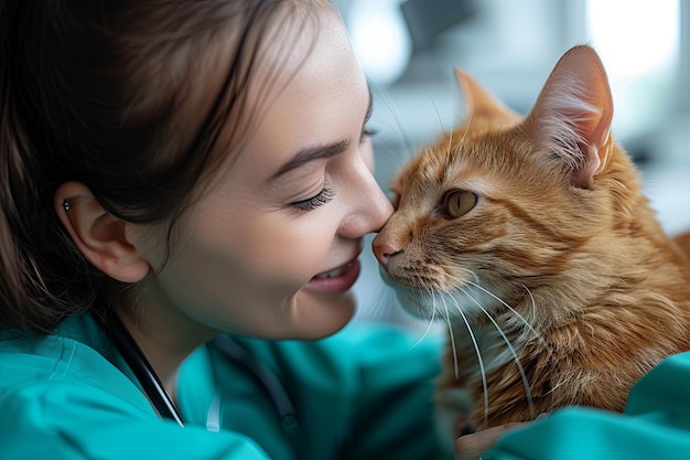 Photo female veterinarian strokes an orange colored cat with a white muzzle