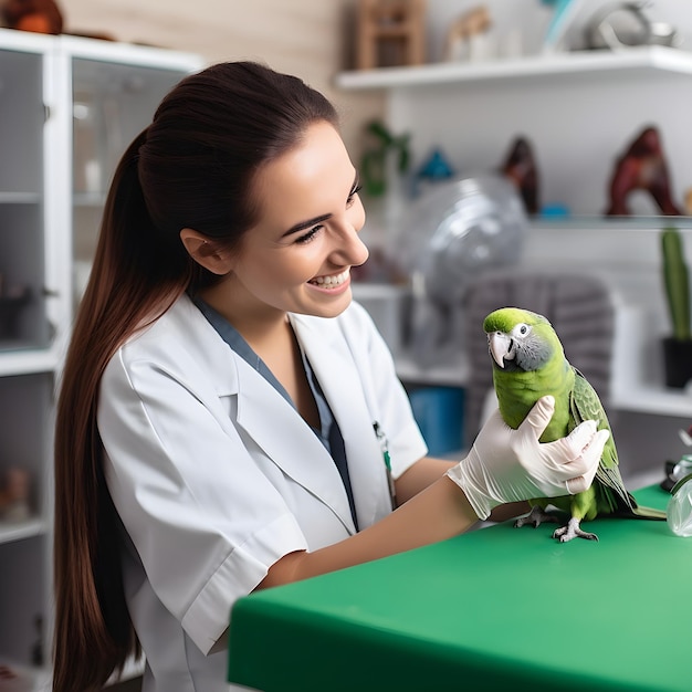 Фото Женщина-ветеринар с попугаем художественный фотопортрет в ветеринарной клинике