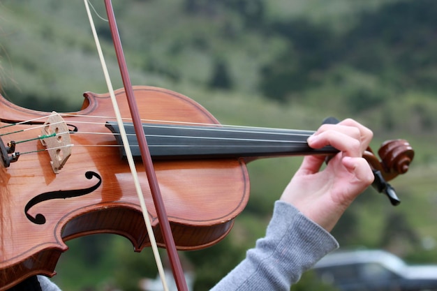 Female violinist playing the violin in nature