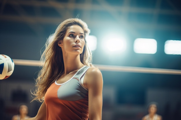 Female volleyball players are competing on the indoor volleyball court in the evening