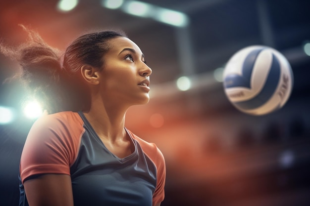 Female volleyball players are competing on the indoor volleyball court in the evening