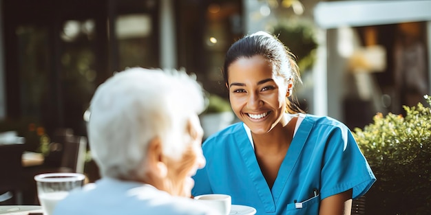 A female volunteer doctor helps an old grandmother