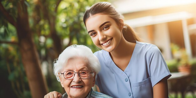 Foto una dottoressa volontaria aiuta un'anziana nonna