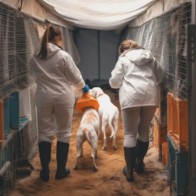 Photo female volunteers taking care for sick dogs in shelter workers caring for dogs treating feeding