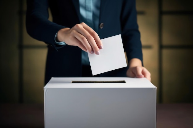 Female voter hand putting bulletin in ballot box Elections and voting concept