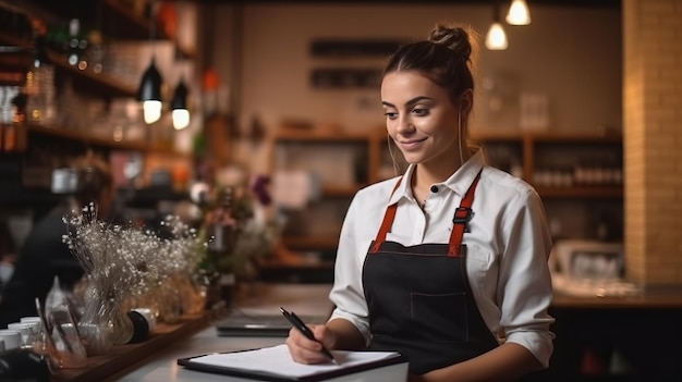 female waiter stands on the background of the restaurant writes down the order in a notebook