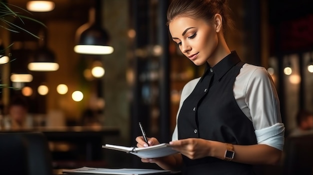 女性ウェイターがレストランの背景に立って、注文をノートに書き留める