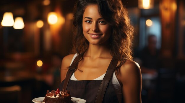 Female waitress presents a cake