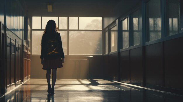 A female walk alone in school