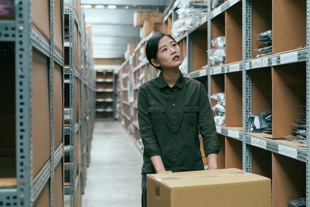 female warehouse worker looking for cardboard and parcels of shelf. young girl staff in stockroom carries collected boxes on cart. lady employee walking in storehouse searching right place for goods.