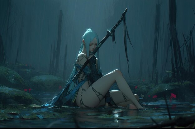 A female warrior sits in a pond with a sword in her hand