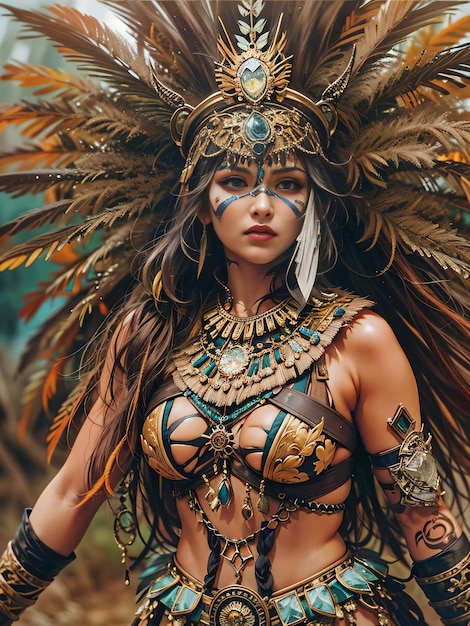 Photo a female warrior wearing armor made of bird feathers