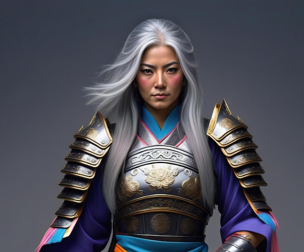 A female warrior with long hair and a helmet