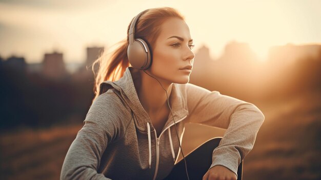 A female wearing athletic clothing and headphones is outside Generative AI