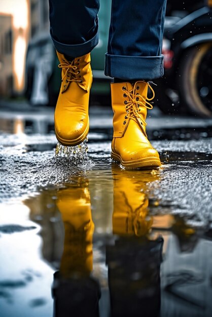 Female wearing rubber boots walking through puddles on city street AI generated