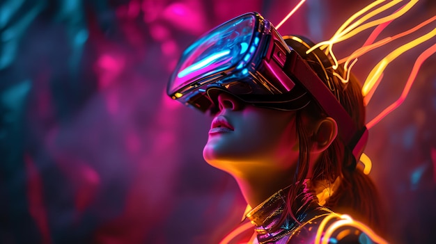 Photo female wearing vr goggles abstract neon lights