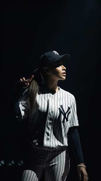 a female in a white baseball uniform with the letters ny on it