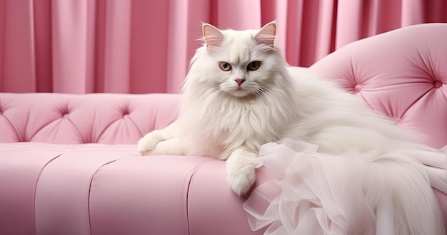 고급스러운 직물 스타일로 분홍색 소파에 앉아 있는 암컷 흰 고양이