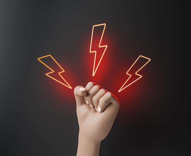 Female with fist up against neon lightening signs