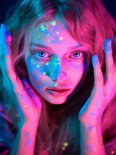 A female with her face and hands covered in pink and blue paint ai generated