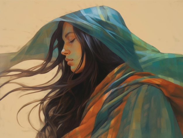 a female with long flowing dark hair and a sheer scarf covering her eyes and flowing backwards