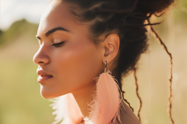 Female with peach feather earrings