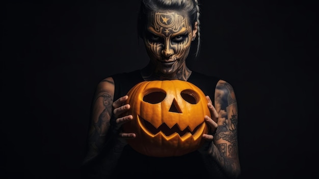 A female with tattoos holds a Halloween pumpkin in his hands Party horror fear