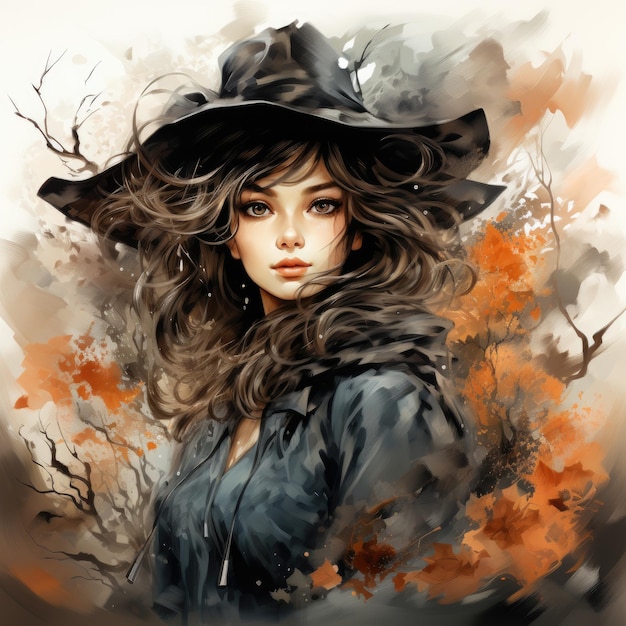 female woman girl hat pumpkin Halloween illustration artwork horror isolated tattoo fantasy cartoon