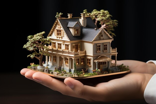 Female woman hands holding small miniature toy house Property insurance dream moving home concept